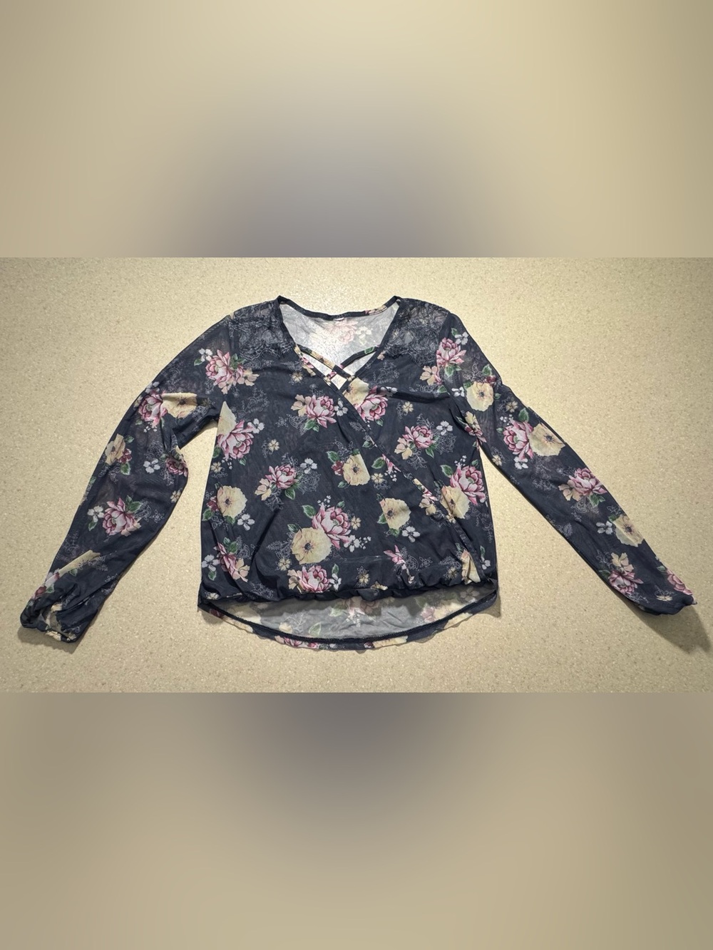Floral Wrap-Front Long Sleeve Top in Navy